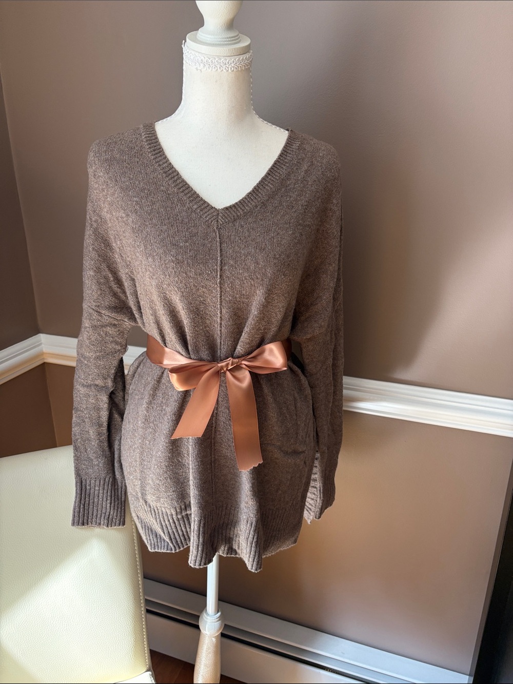 Kaisely Brown V-Neck Longline Sweater ( ribbon was just added for detail)